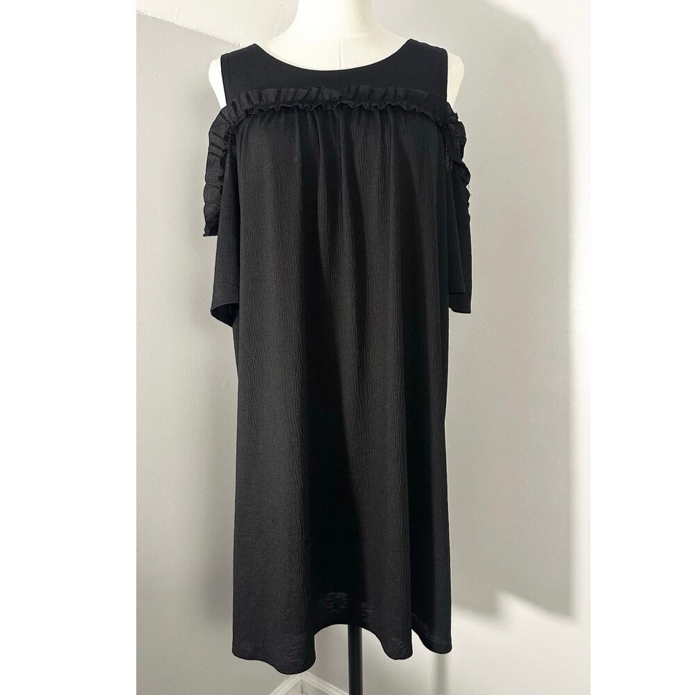 LC Lauren Conrad Solid Black Crepe Frill Cold Shoulder Dress Coquette Soft L